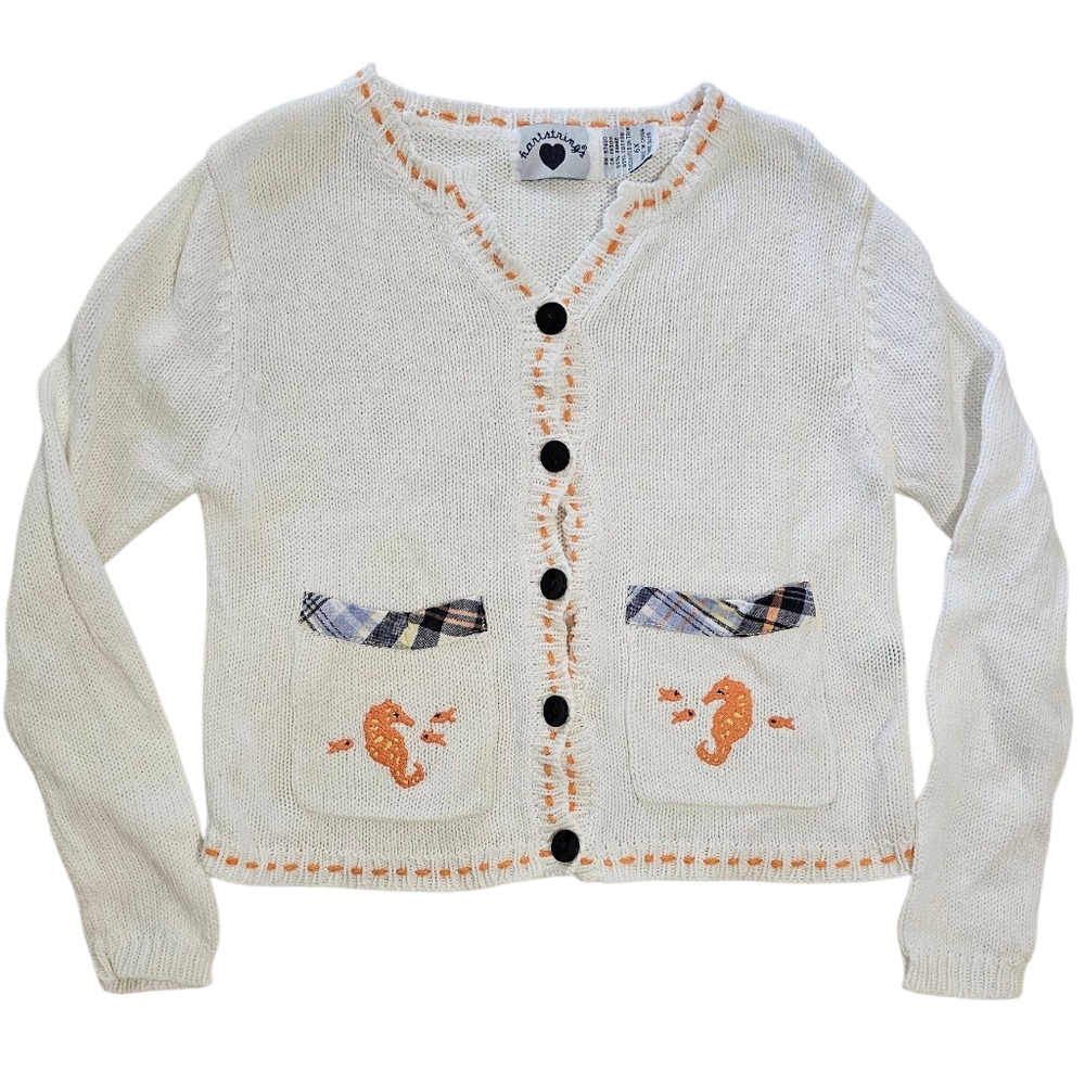 Hartstrings Vintage Girls Seahorse Plaid Trim Cardigan Sz 6